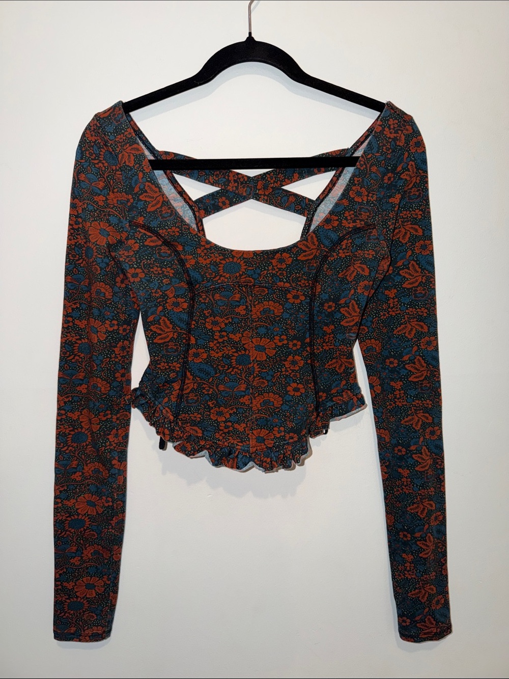 Free People XS Rust Floral Long-Sleeve scoop neck Crop Top with Strappy Back
